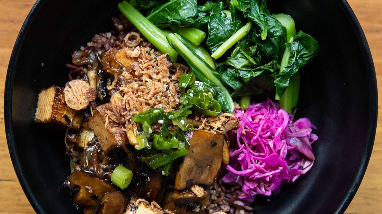 Vegan Exotic Mushrooms and Tofu Rice and Greens