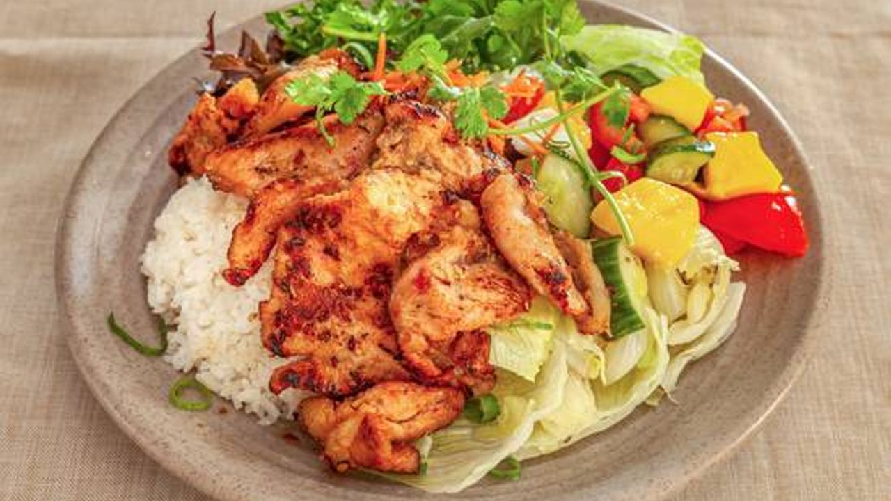 Lemongrass and Sesame Pork Rice with Salsa