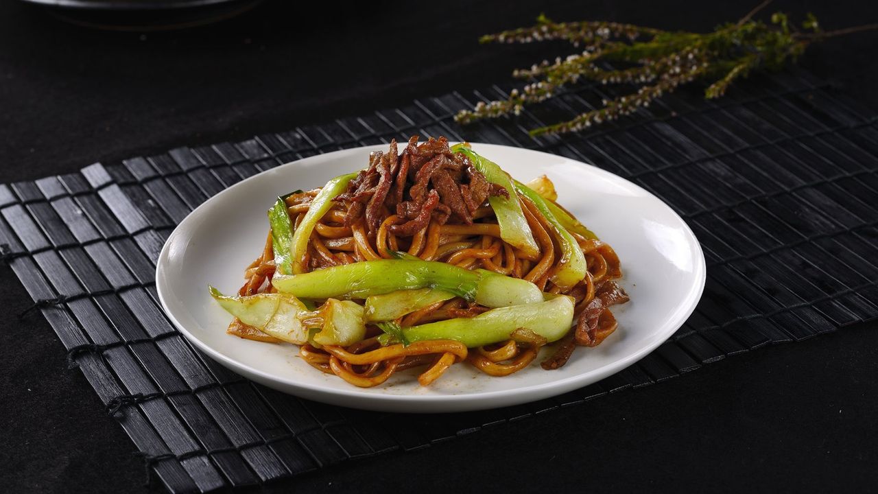 Thick Noodles, Shredded Pork & Boy Choy Stir Fried