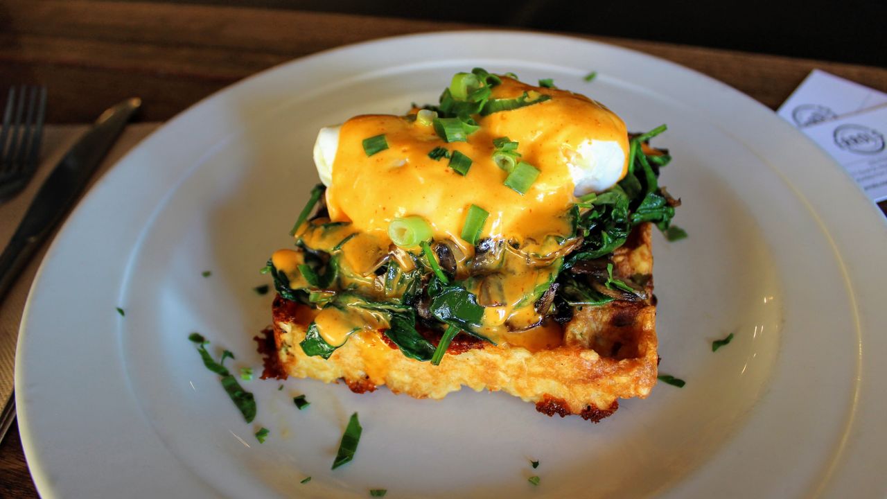 Potato and Cheddar Waffle Benedict