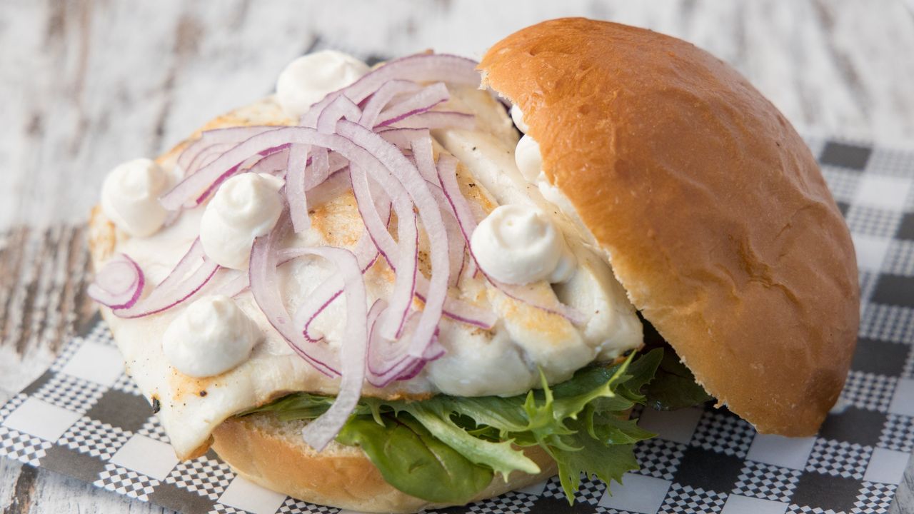 Out of the Blue (GF) - Skin-off grilled barramundi fillet, tahini sauce, red onion and butter lettuce.