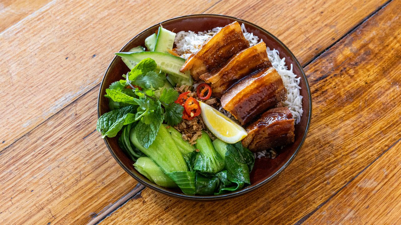 Crispy Pork Belly, White Rice, Asian Greens, Sticky Sauce