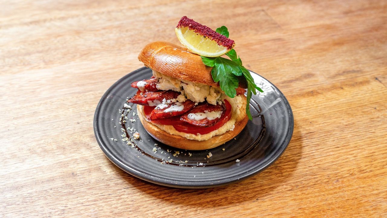 Chorizo, Tomato, Feta & Hummus Bagel