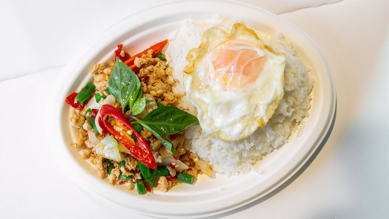36. Kaprao Gai Kai Dao (Chicken Chili Basil with Fried Egg and Rice)
