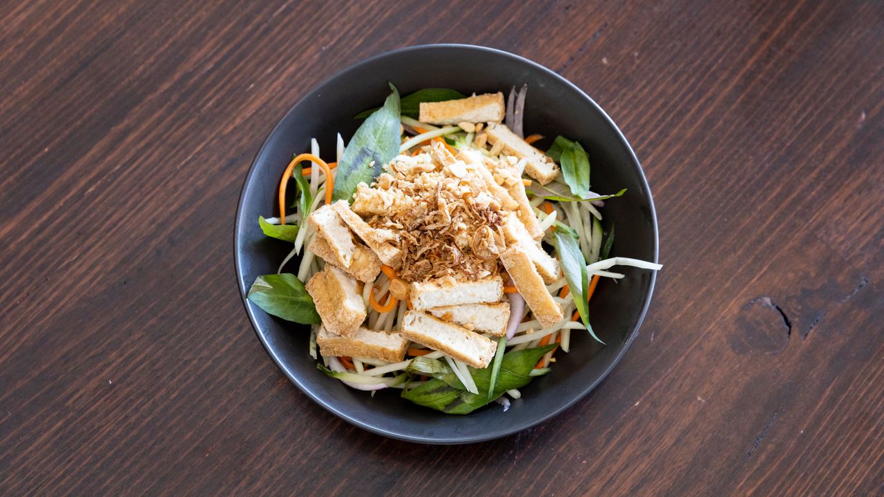 Green Papaya Slaw with Salt and Pepper Tofu and Prawn Crackers