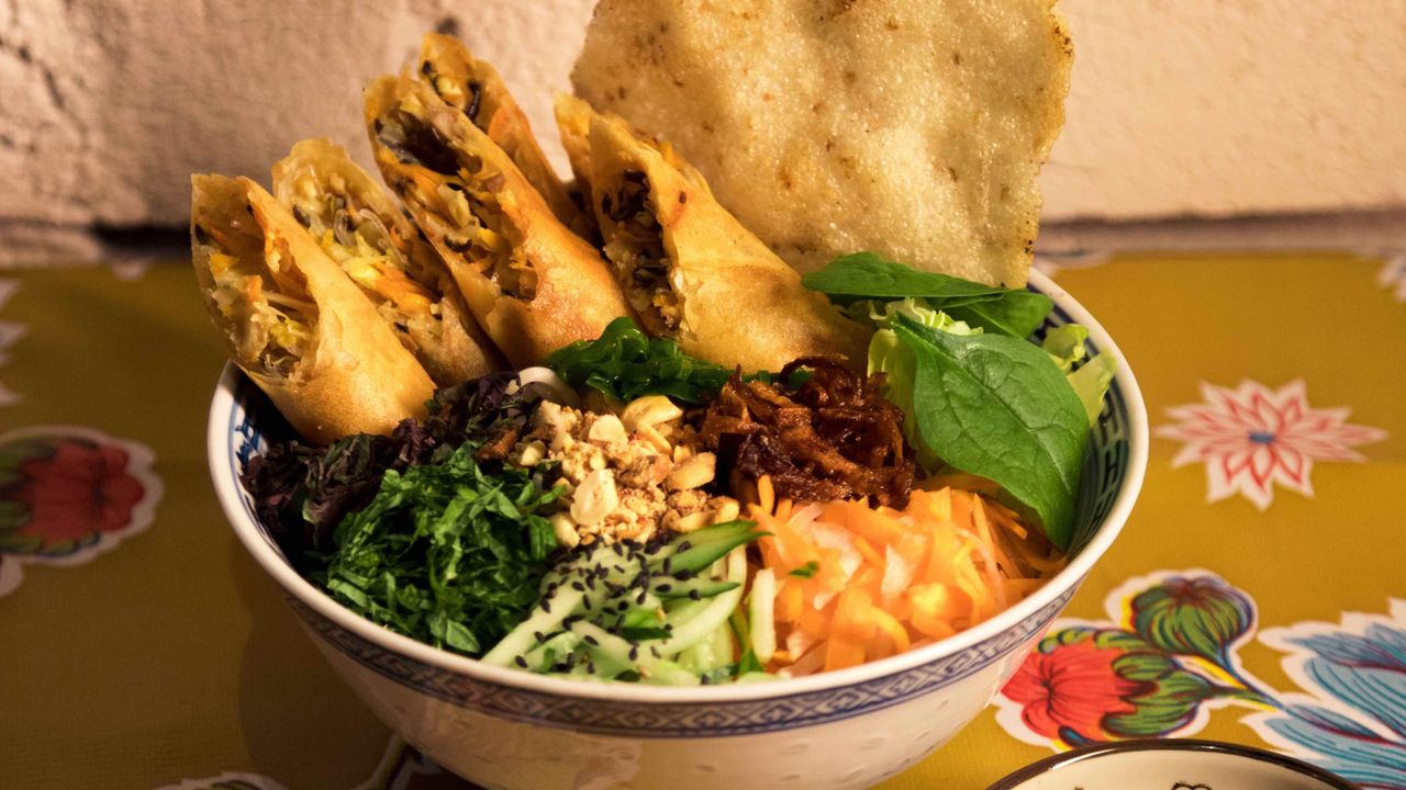 Noodle Salad w/ Pork & Prawn Spring Rolls