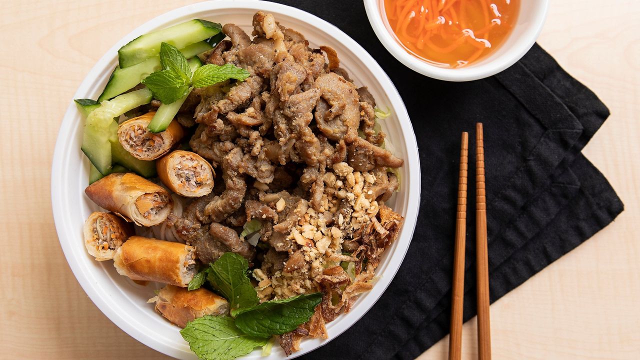 Grilled Pork and Spring Rolls Noodle Salad