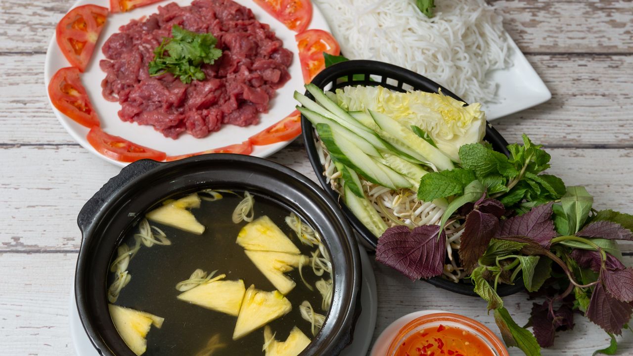 Sliced Beef Fillets Cooked in Pineapple Juice with Fresh Rice Paper, Vermicelli, Mint and Special Fish Sauce
