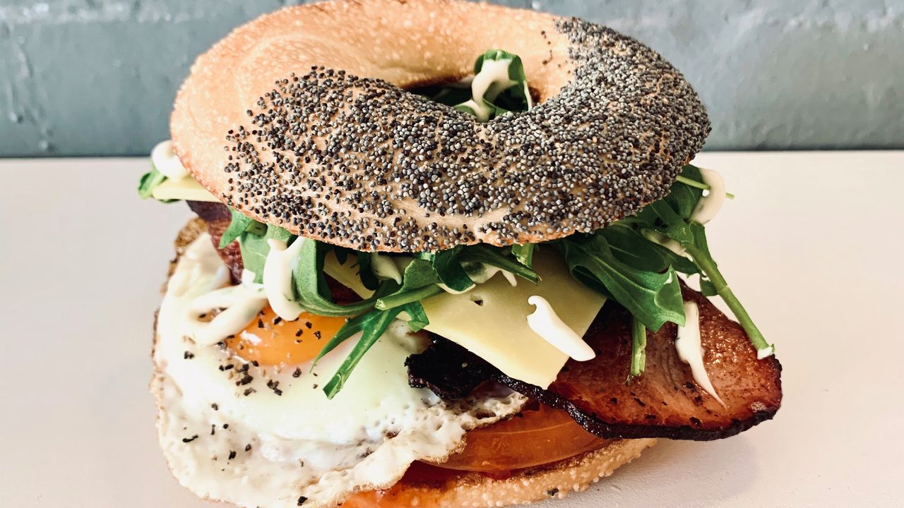 8. Bacon, Fried Egg, Cheddar, Tomato, Smoked BBQ, Dill Mayo, and Rocket