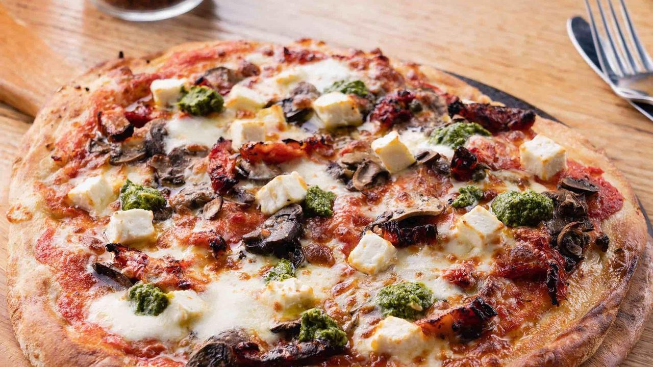 Mushroom, Feta and Pesto Pizza