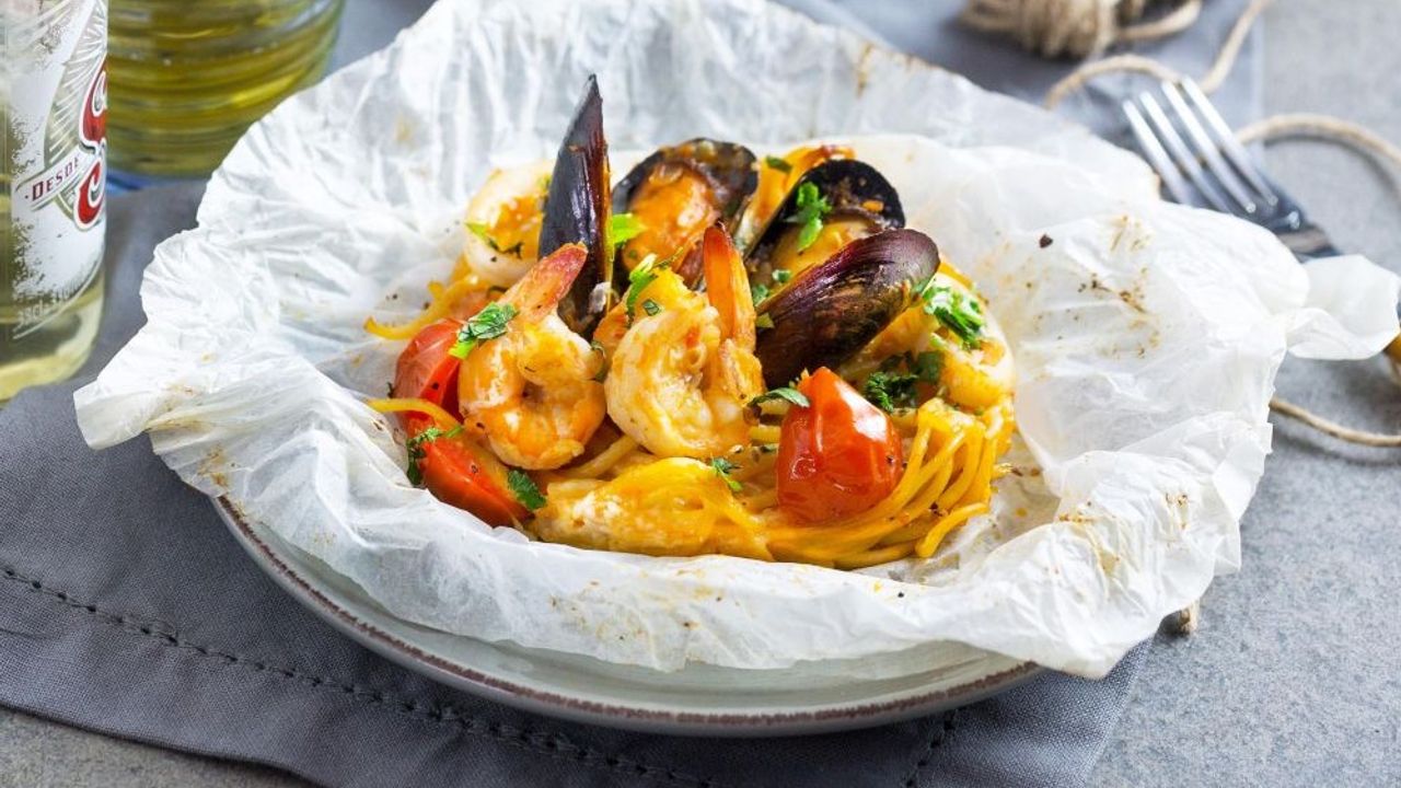 Seafood Spaghetti Baked in a Paper Bag