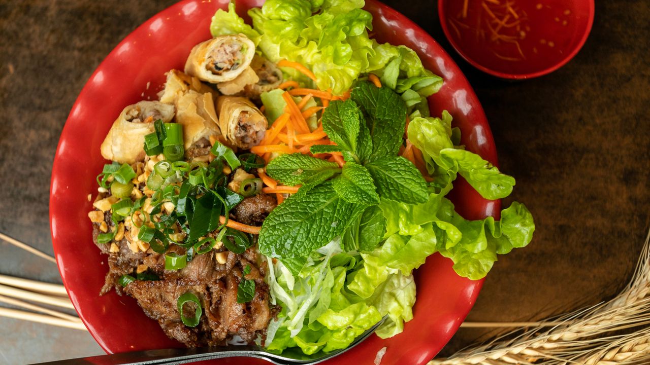 Vermicelli & Salad with Spring Rolls & Grilled Pork