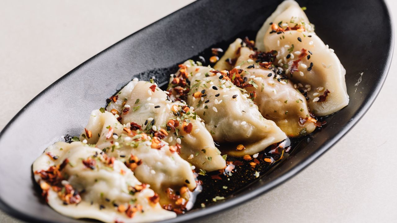 Chilli Pork, Beetroot & Sesame Dumplings (5) (N)