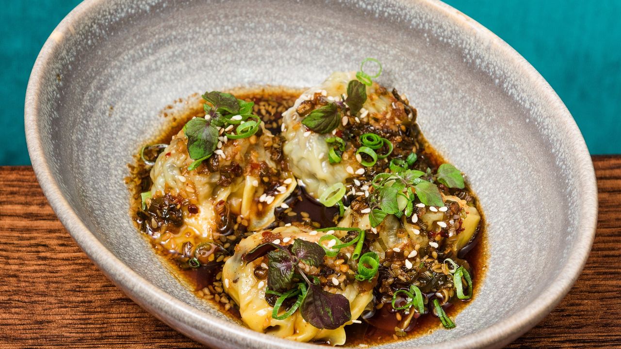 Prawn & Black Fungi Wontons w Black Vinegar, Chilli & Sesame