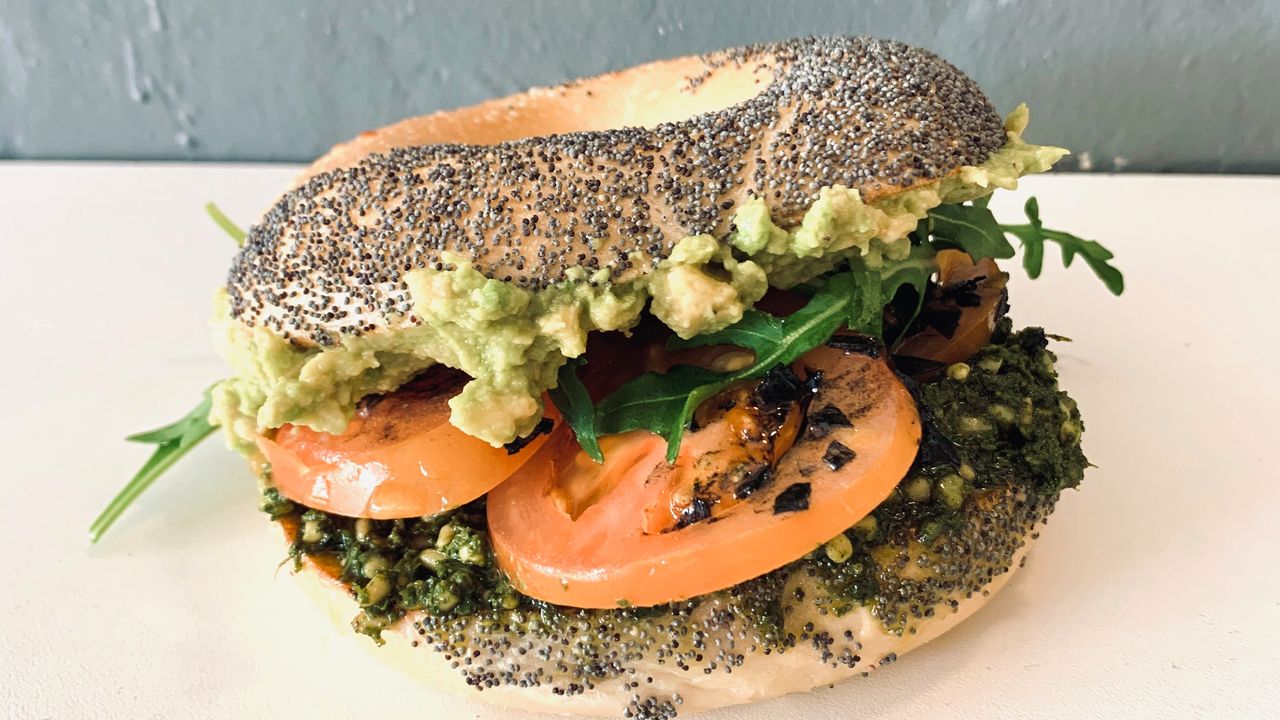 9. Smashed Avo, Vegan Basil Pesto, Tomato, Rocket, Black Cyprus Salt, and Basil Oil