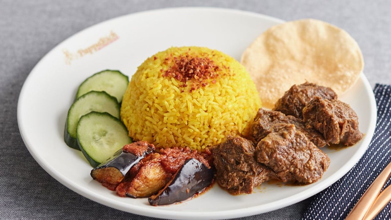 Nasi Kunyit with Beef Rendang and Sambal Eggplants