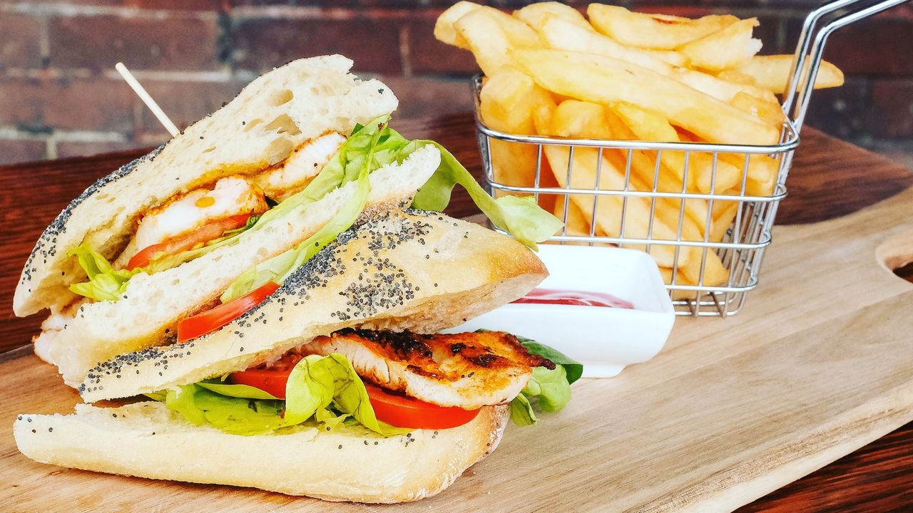 Portuguese Chicken Burger with fries