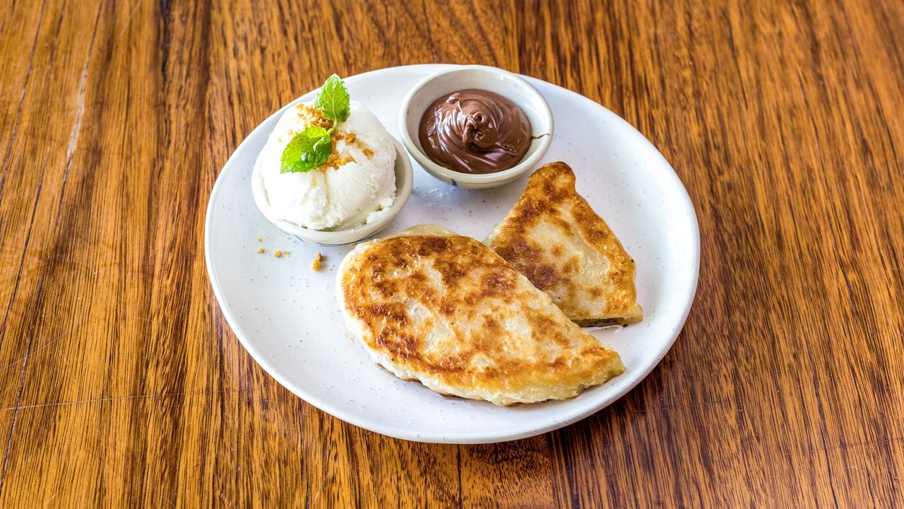 Banana Pancake with Nutella and Coconut Ice Cream