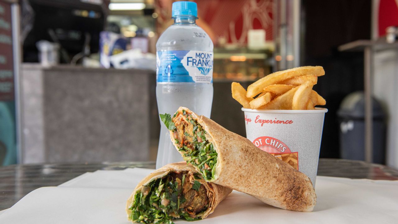 Fresh Falafel Wrap on a Bed of Hommus, Tabouleih, Wrapped in a Delicious Lebanese Wrap