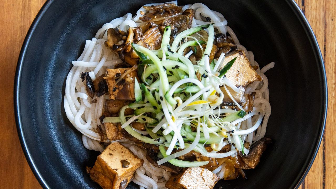 Vegan Exotic Mushrooms and Tofu with Mixian Noodles