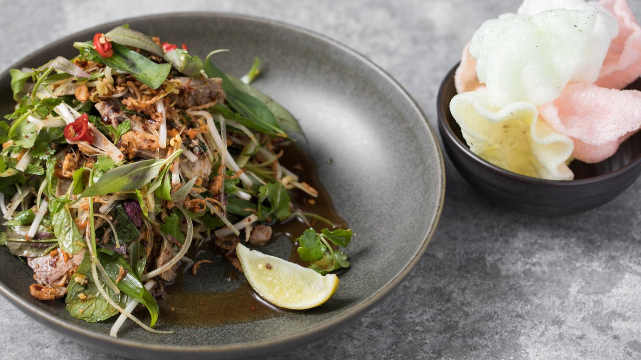 Spicy Beef Salad, Green Papaya, Chilli and Peanut Oil, Mint, Coriander, Shoots, Lime, Basil and Prawn Crisps
