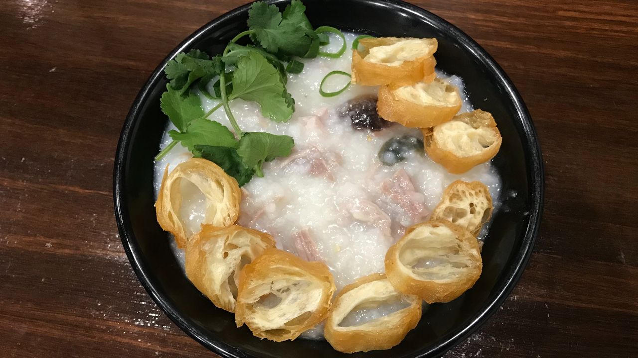 Central Egg & Pork Congee with Chinese Doughnuts