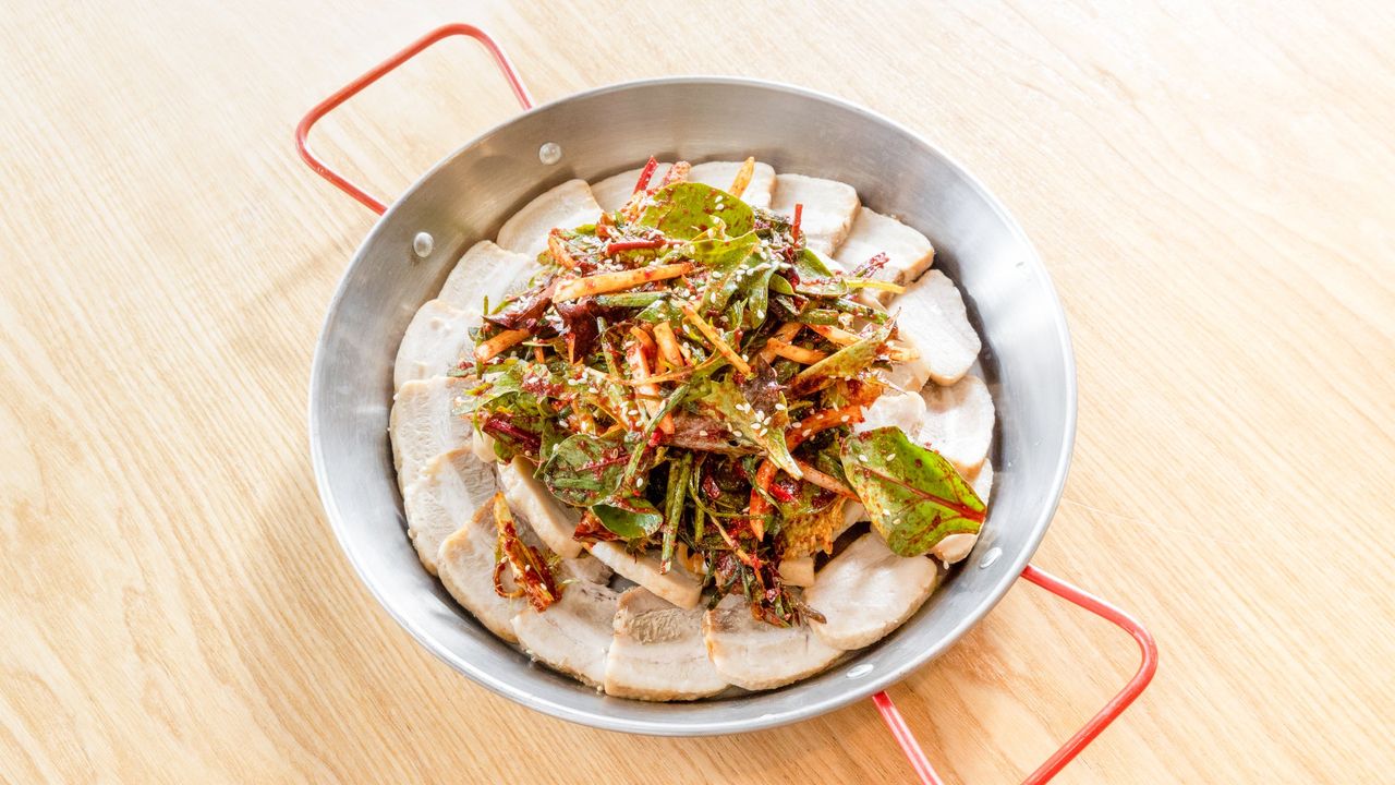 Steamed Pork Belly on Chive Kimchi