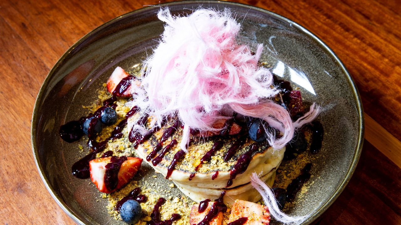 Hotcakes with Lemon Curd, Fresh Berries, Coconut Sorbet & Persian Fairy Floss
