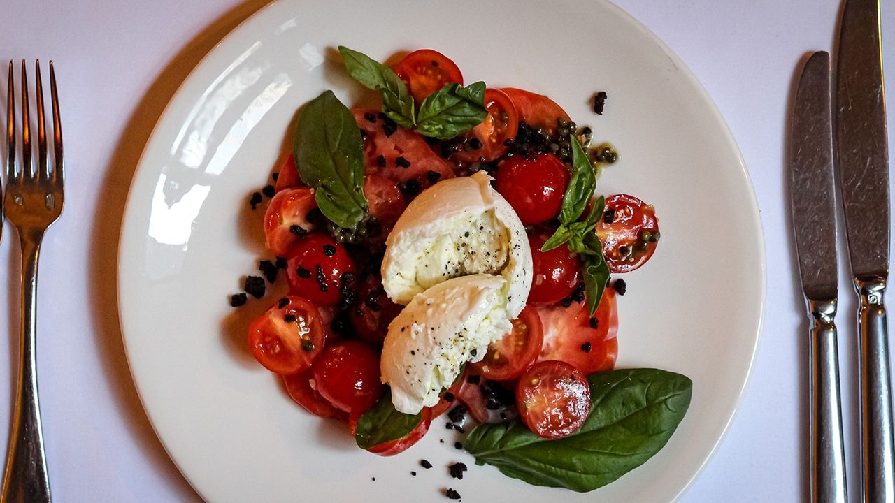 Caprese Salad, Heirloom Tomatoes, Buffalo Mozzarella, Basil, Black Olive Crumbs