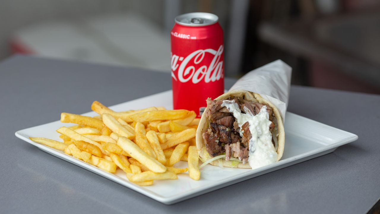 Lamb Souvlaki, Small Chips & a Can