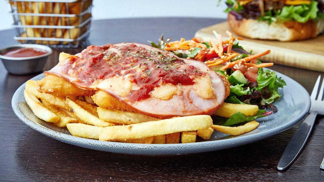 Chicken Parmigiana With Salad and Chips