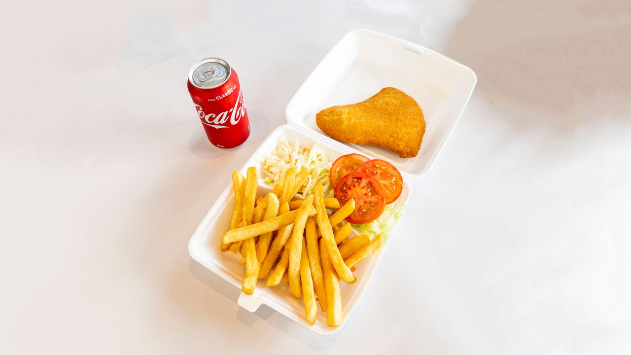 Chicken Schitzel, Chips, Salads, Can of Drink