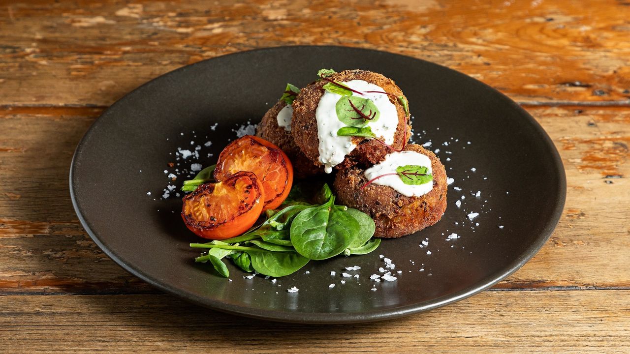 Potato and Fetta Hash Cakes, Herb Sour Cream, Heirloom Tomato