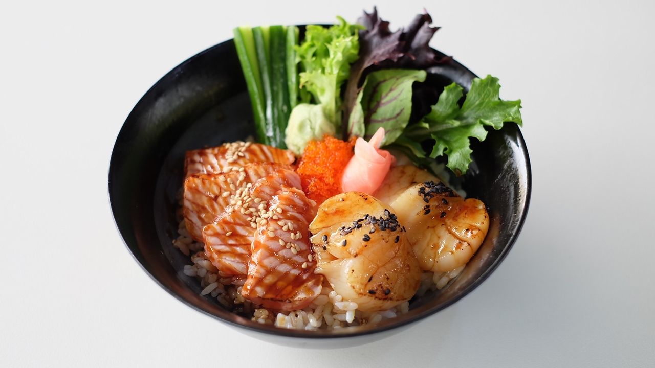 Grilled Salmon & Scallop on Rice