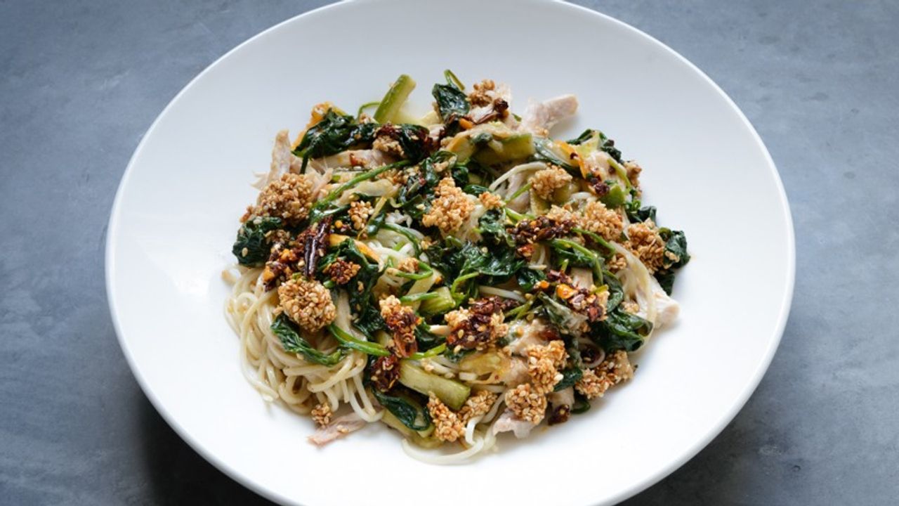 Szechuan chicken Noodle Salad, Sesame, Pickles & Chilli