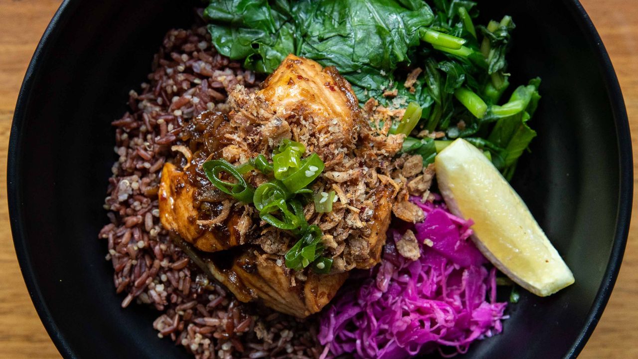 Seared Atlantic Salmon Rice and Greens