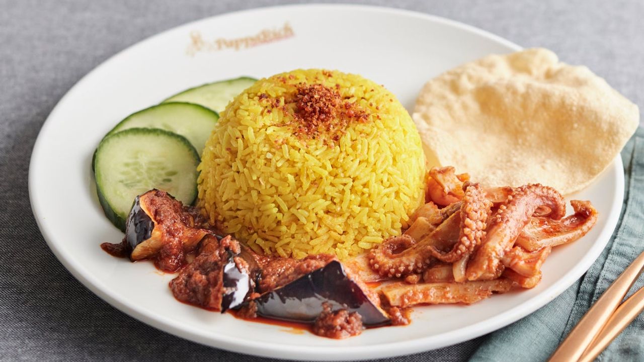 Nasi Kunyit with Sambal Sotong and Sambal Eggplants