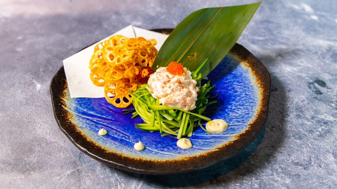 Salmon Belly Tartar with Salmon Caviar & Lotus Chips