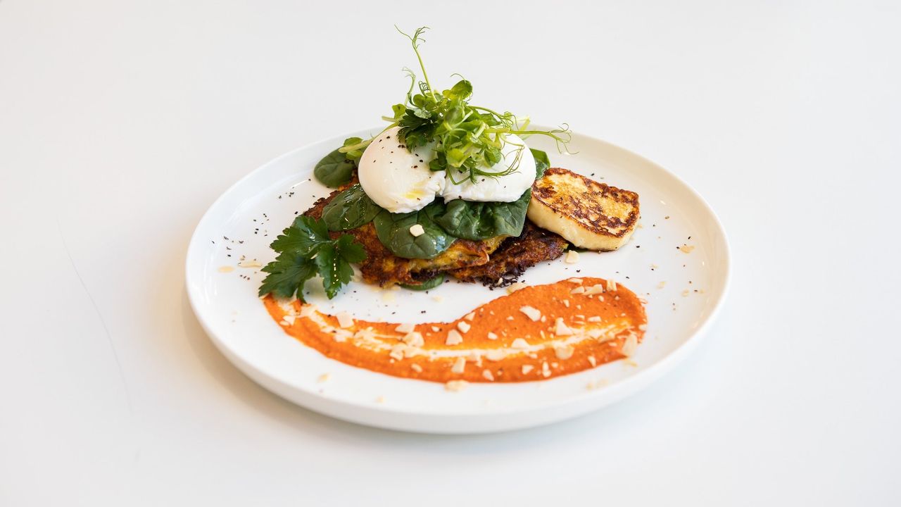 Sweet Potato & Zucchini Fritters, Poached Eggs & Halloumi (GF)( V)
