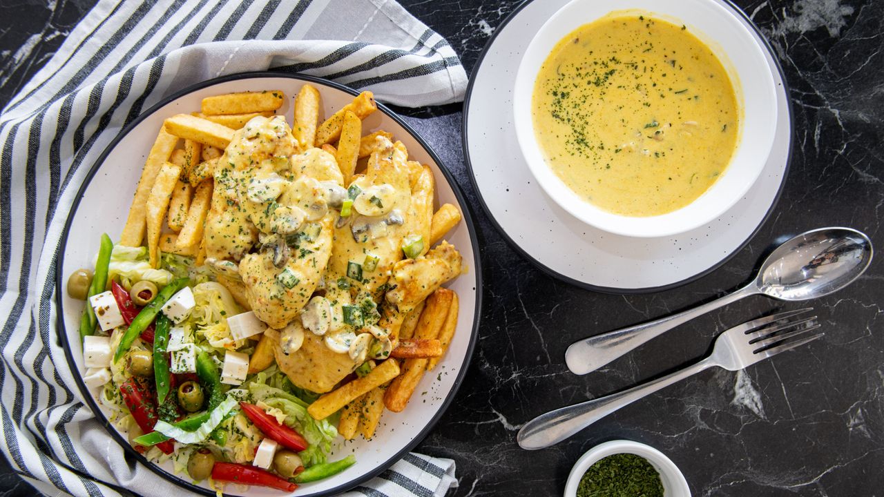 Chicken a'la' Fungi , Chips & Greek Salad