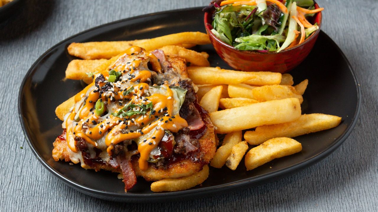 Cheeseburger Loaded Parma with Fries and Salad