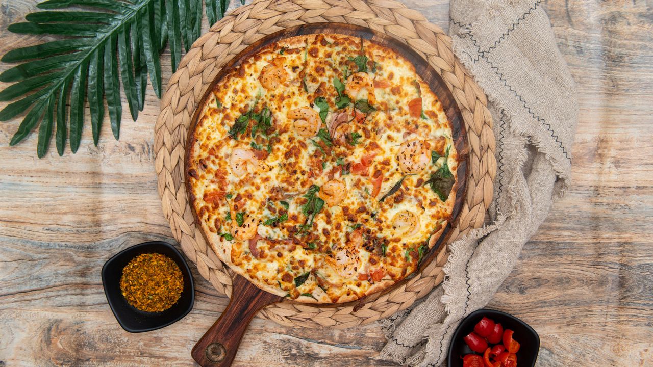 Monk's Garlic Chilli Prawn Pizza