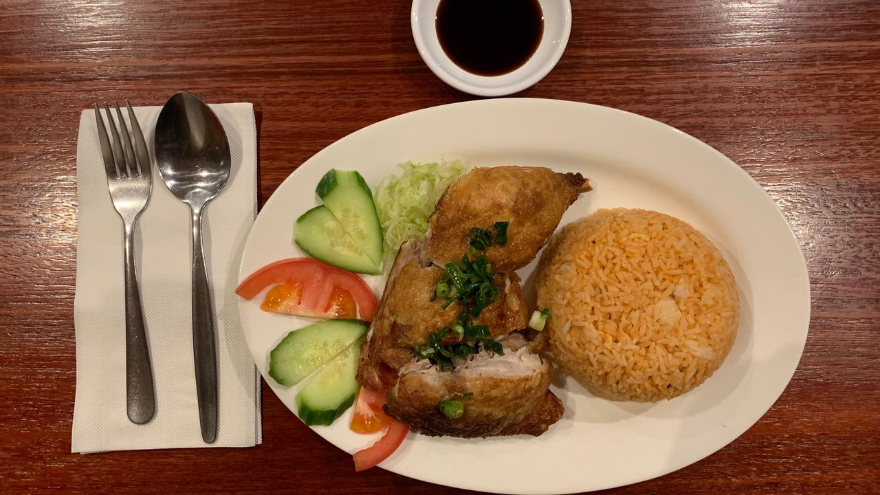 97. Tomato Rice with Crispy Skin Chicken