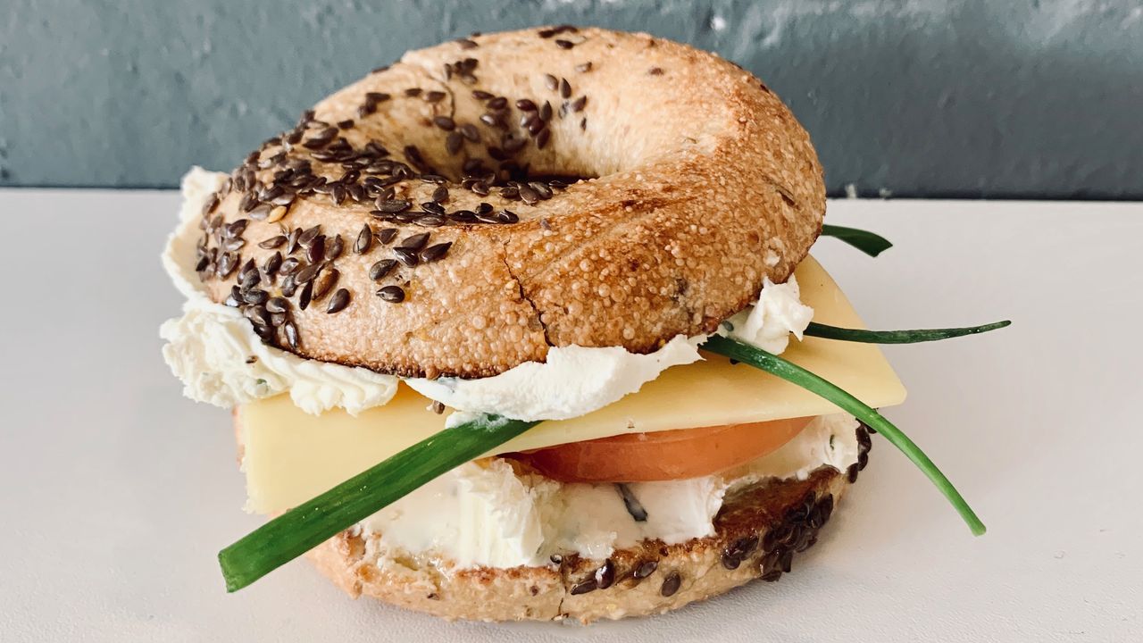 3. Cheddar, Tomato, Chive Cream Cheese, Basil Oil, and Pink Salt