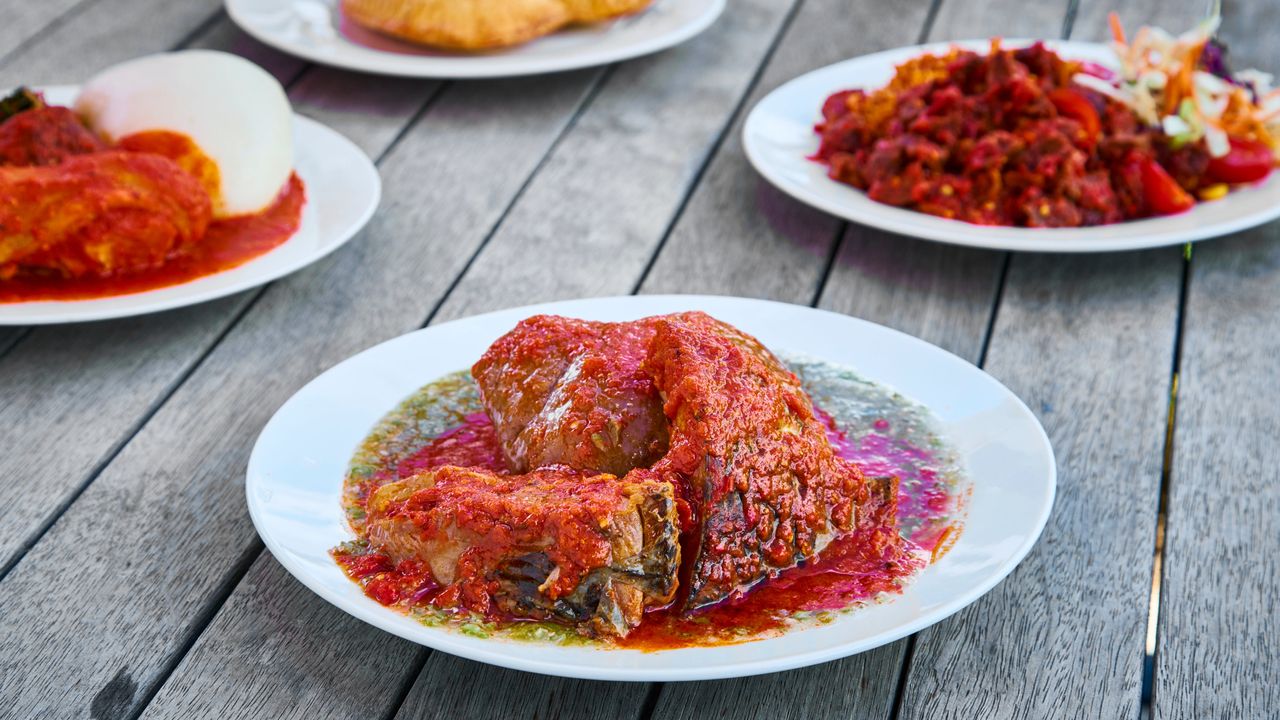 White Rice + Beans & Plantain with Fish Stew