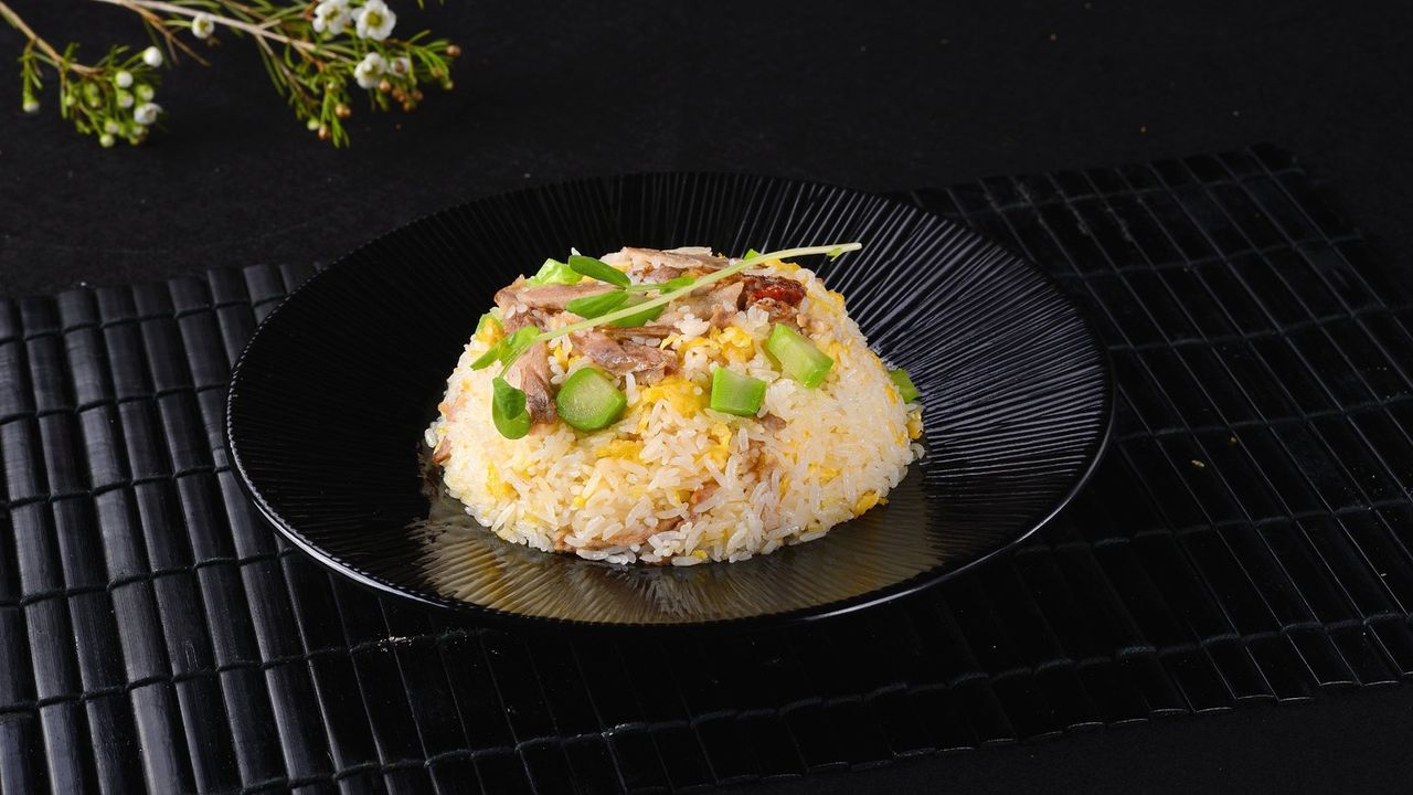 Duck, Egg, Asparagus, Baby Corn & Mustard Seed Stir Fried Rice