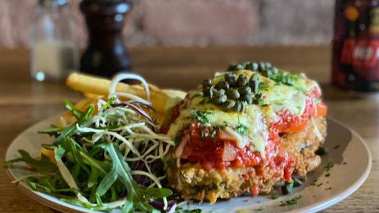Tofu Parma with Chips & Salad (v)