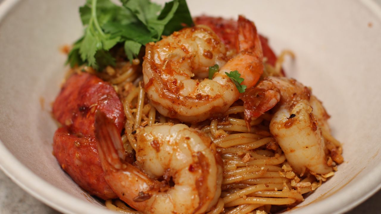 Spaghetti Prawns and Chorizo