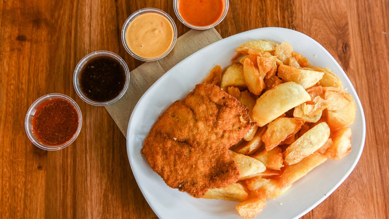 Grilled Chicken Schnitzel and Chips