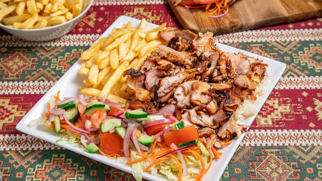 Kebab, Salad, Rice and Chips